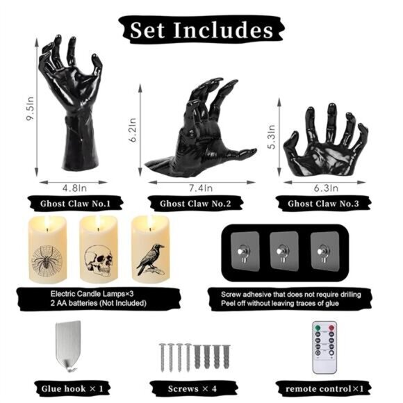 3pcs Creepy Hands Halloween Wall Decor - LED Lights with Remote Control - Picture 2 of 7